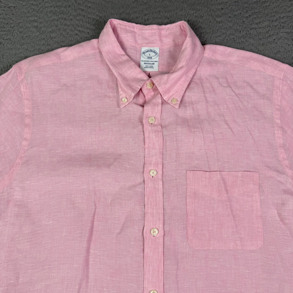Brooks Brothers Shirt Mens Large Pink 100% Linen Pocket Short Sleeve Button Down